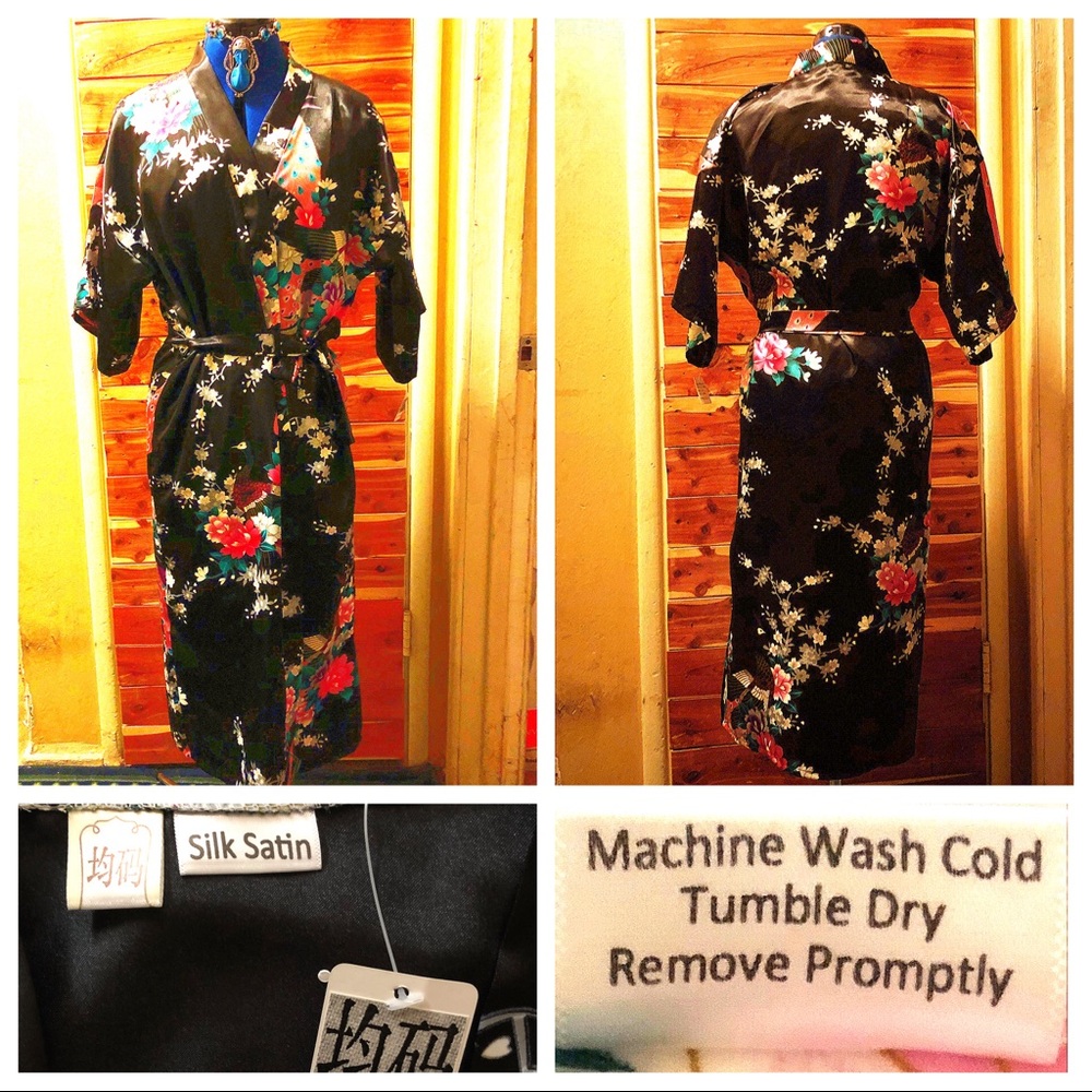 Silk-Satin Peacock, Cherry Blossom Robe with Ties